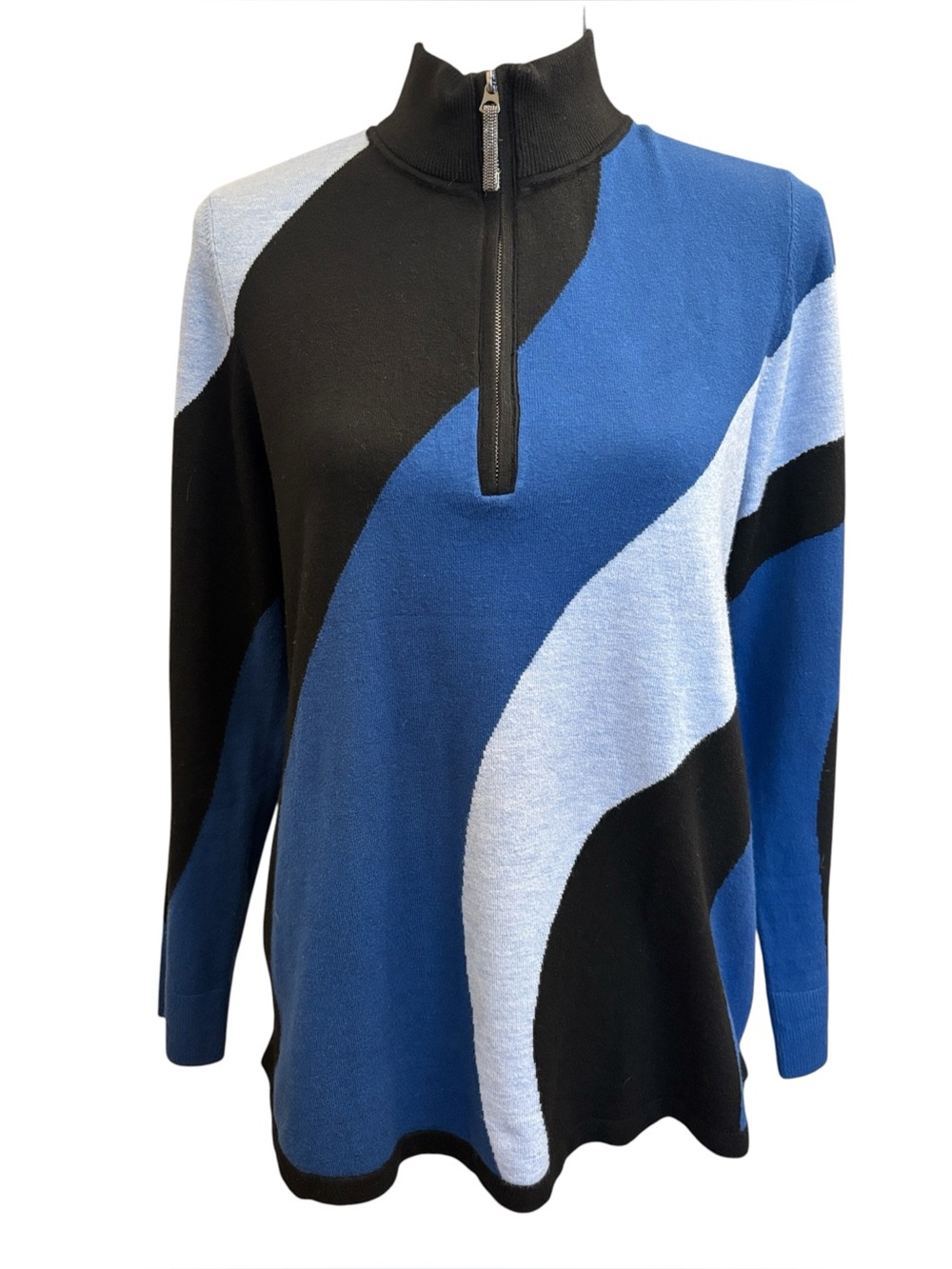 Chico’s High Collar Quarter Zip Blue Black Sweater Size 1 (Women’s 8)